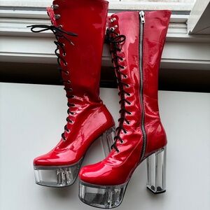 Red Latex Platform Boots